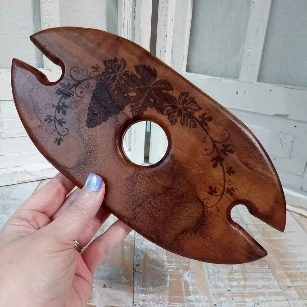Monkey Pod Wood Wine Butler Caddy Glass Holder Laser Engraved Grapes Gift 10